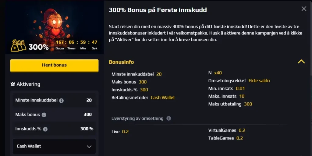 Nye Chancer.bet Casino 300 prosent bonus pa forste innskudd