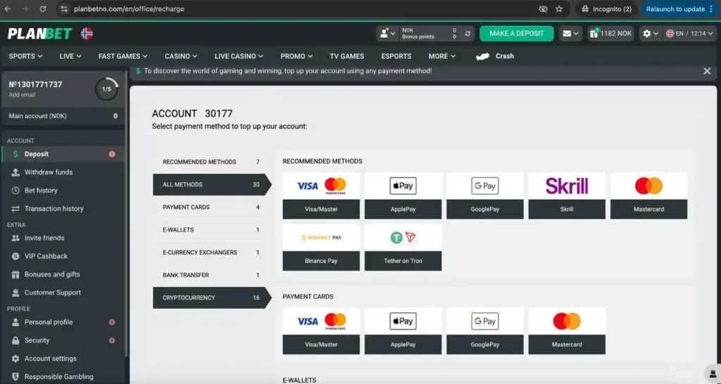 Planbet Casino Betalningsmetoder