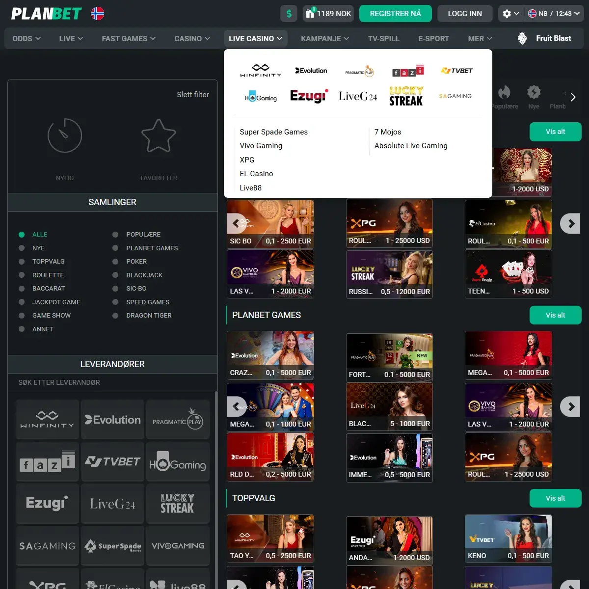 Planbet Livecasinospill