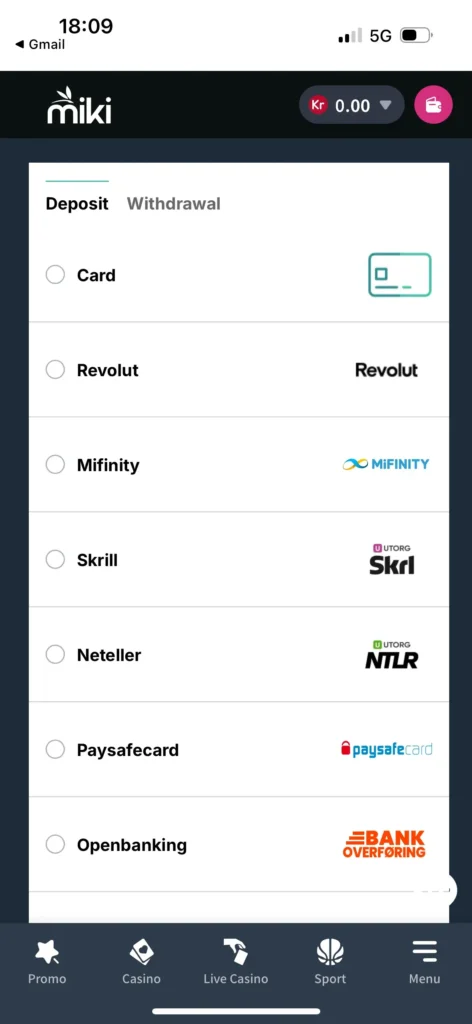 Miki Casino Uttaksmetoder