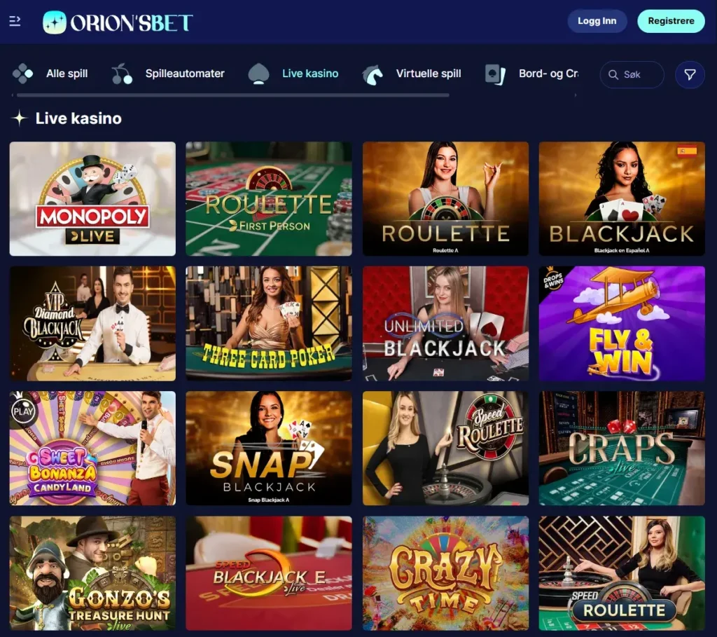 Orionsbet Spillutvalg Live Casino