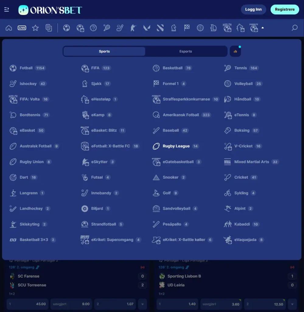 Orionsbet Spillutvalg Sportsbook