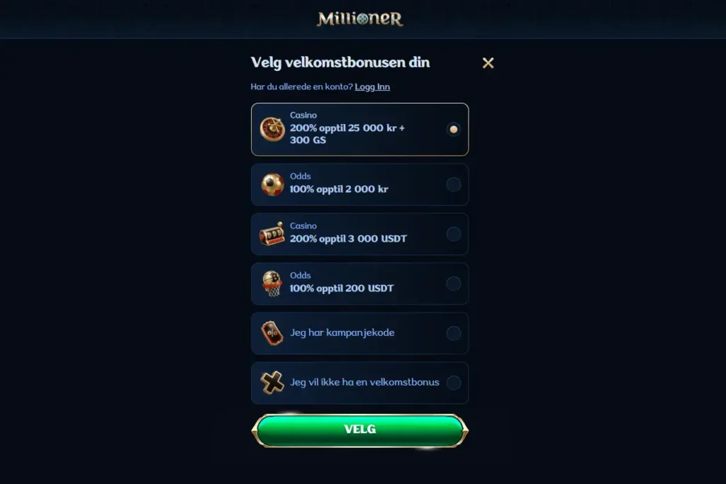 Millioner Casino Velkomstpakker