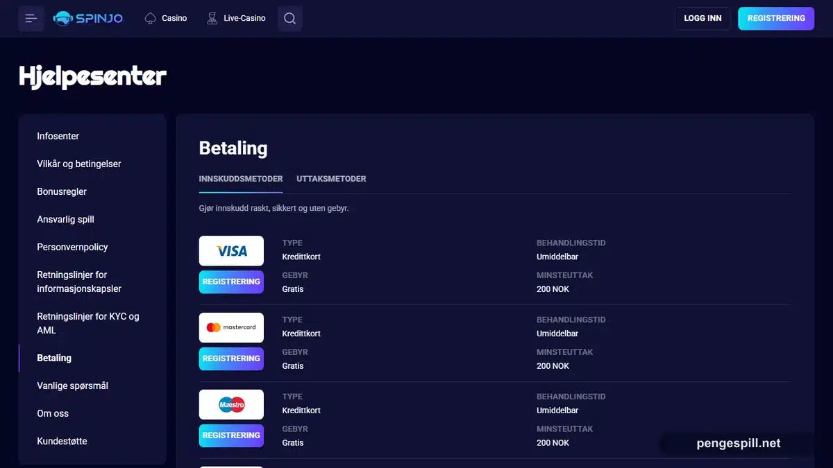Spinjo Casino betalinger med kort e-lommebok og krypto